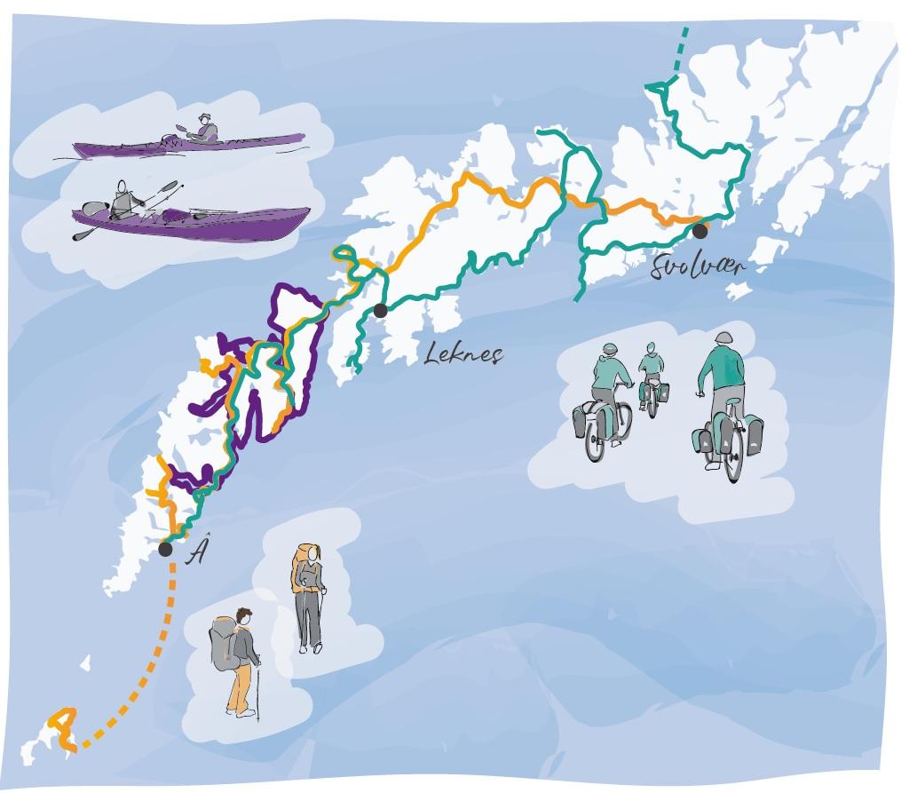 Les Lofoten et les itinéraires : en orange des marcheurs, en vert des cyclos, en violet des kayakistes.
Carte : Anne-Sophie Rodet