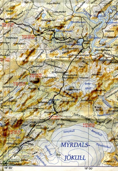 Tracé plus précis du trek du Laugavegur (sur fond de carte Islandskort, les cartes au 1:300 000e touristiques d'Islande)