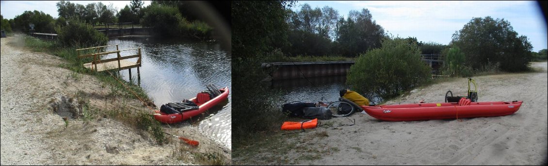 Au barrage de régulation des niveaux photo de gauche : je suis côté amont .On aperçoit le flanc de l' écluse . Photo de droite : portage en cours je suis côté aval.