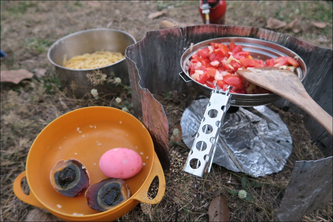 Notre repas du soir... on espérait faire une omelette mais on ne gagne pas à tous les coups, on est tombés sur des œufs fermentés :(