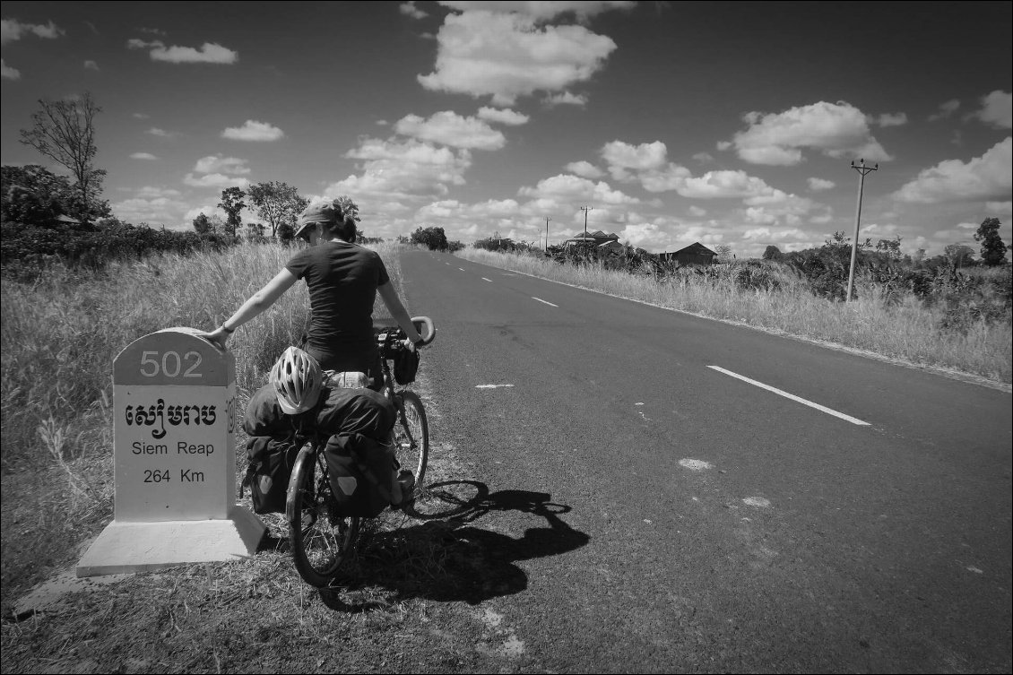 Sur la route de Siem Reap : le soleil tape et les coins d'ombre se font rares, on souffre pas mal de la chaleur.