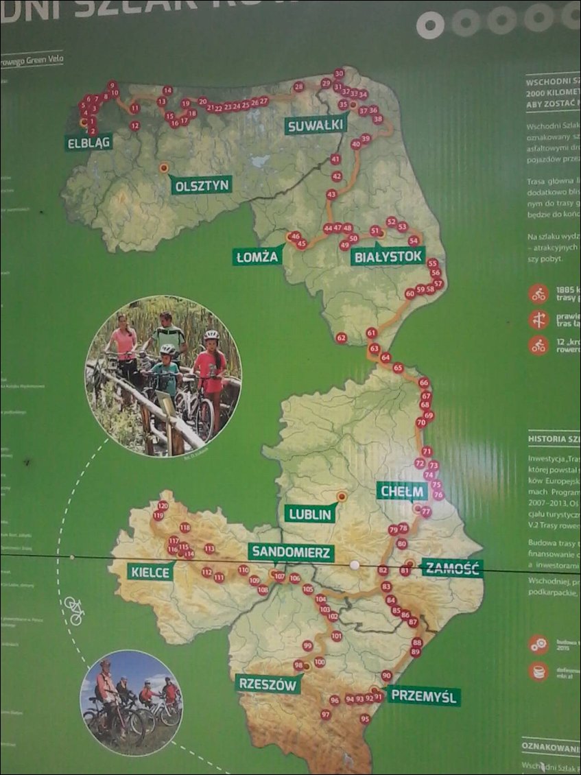 J'ai récupéré la green vélo, autrement dit une voie verte. Pour ceux que ça intéresse voici la carte du parcours intégral, de Elblag à Pétahouchnoc ... ou plutôt Przemysl. La voie est super bien balisée, parfois en chemin de terre, parfois goudronnée le long d'une route et ave des "mor" (pause pique nique) régulièrement.