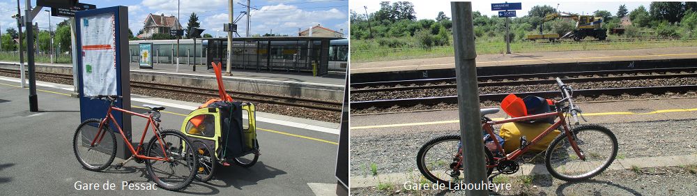 La gare de départ avec la remorque montée et tout le barda.
A la gare d' arrivée je n' ai pas encore remonté la remorque
Pour la SNCF il faut en effet que le remorque soit démontée , facilement manipulable .