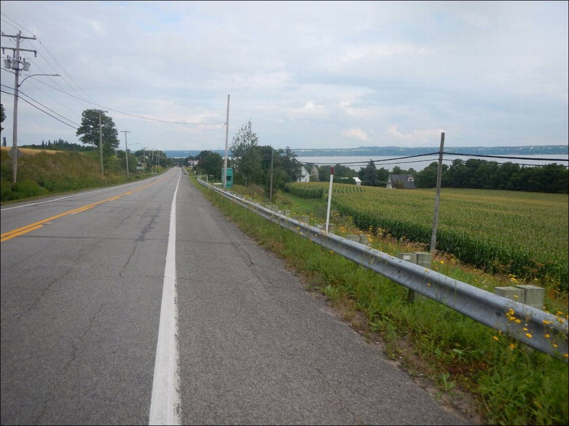 Sinon, voici un paysage typique de ces 2 jours de Montréal à Québec. Un bel accotement et le fleuve à droite.