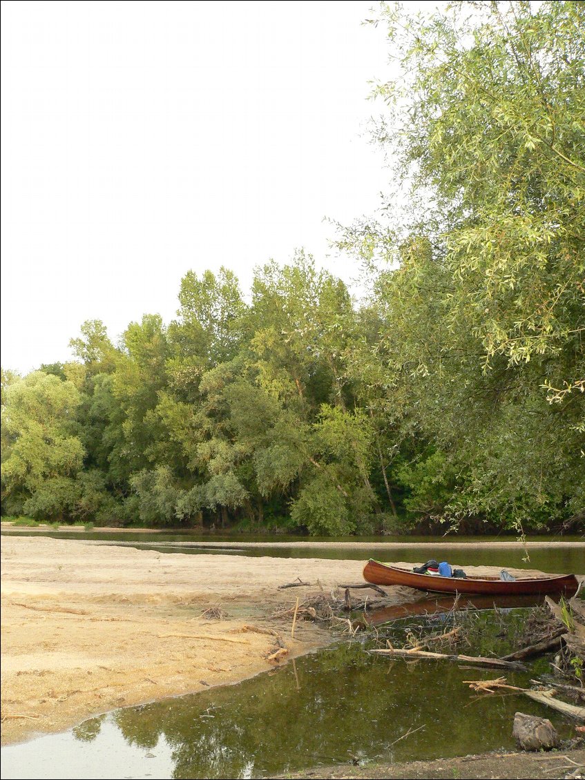 Bivouac à Saint Satur, près de Sancerre.
Un radeau d'une espèce envahissante, les humains mâles bruyants, passant tard le soir, a failli me surprendre, mais j'ia eu le temps de saisir ma pagaie et de me poster sur la rive pour entendre "et bé, elle a pas l'air commode!!" Le triple effet kiss cool de la pagaie, après l'effet machette! ;-)
Le but recherché était atteint, le soir, après une certaine heure, seule en bivouac, effectivement, je suis plutôt farouche...