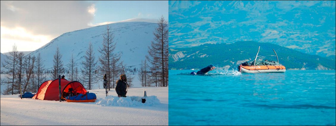 L'équipe Toutazimut
A gauche : Charles et Édouard Thouny au bivouac en Oural.
A droite : Térence Granger et Julien Romanjko pendant leur tour du lac de Serre-Ponçon en nage itinérante.
Photos : Toutazimut