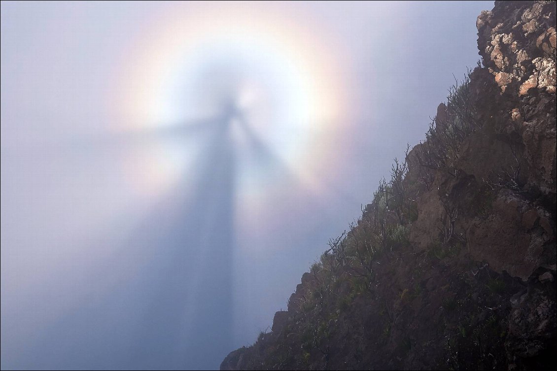 Spectre de Brocken autour de mon ombre sur le brouillard de l'Enclos Fouqué, Piton de la Fournaise, Réunion, juillet 2017
Photo : Brieuc Coessens