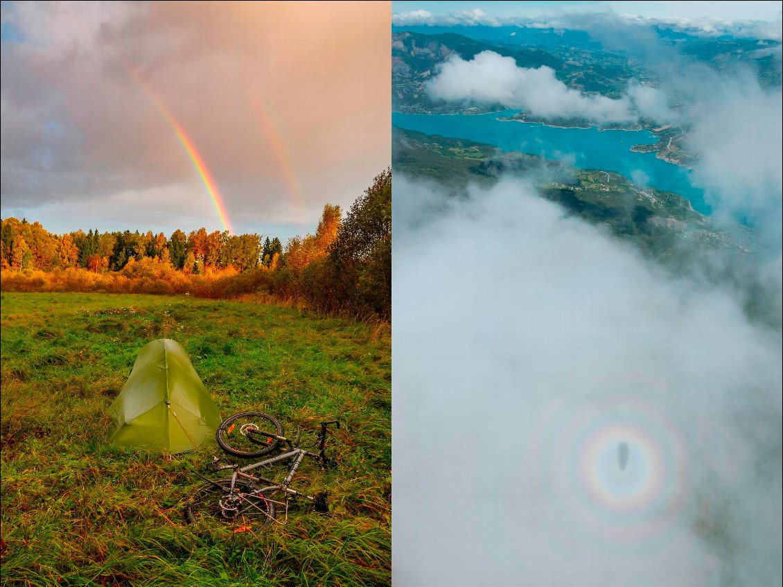 À gauche : arc-en-ciel matinal au réveil en Lituanie pendant un tour d'Europe à vélo.
Photo [url=http://guillaume-hermant.piwigo.com/]Guillaume Hermant[/url]
À droite : spectre de Brocken et gloire au cours d'un vol en parapente depuis le sommet du Morgon. Photo : Carnets d'Aventures