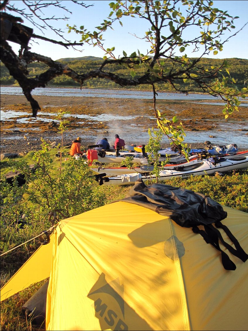 Dernier bivouac marin avant de charioter pour aller pagayer sur le proche lac Skogsfjordvatnet.
Ce soir-là, la marée basse nous permet de ramasser quantité de moules ; une partie est bouille, l'autre cuite sur la grille au feu. Nous nous régalons.