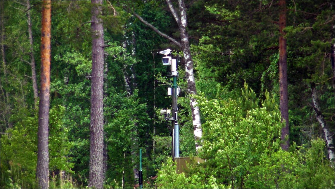 Nous passons en canoë devant une batterie de cameras et c'est la seule image que nous avons pu conserver : Toutes nos images seront visionnées et il aura fallu effacer celles des miradors, des panneaux signalant la frontière, et des radars en tous genres.