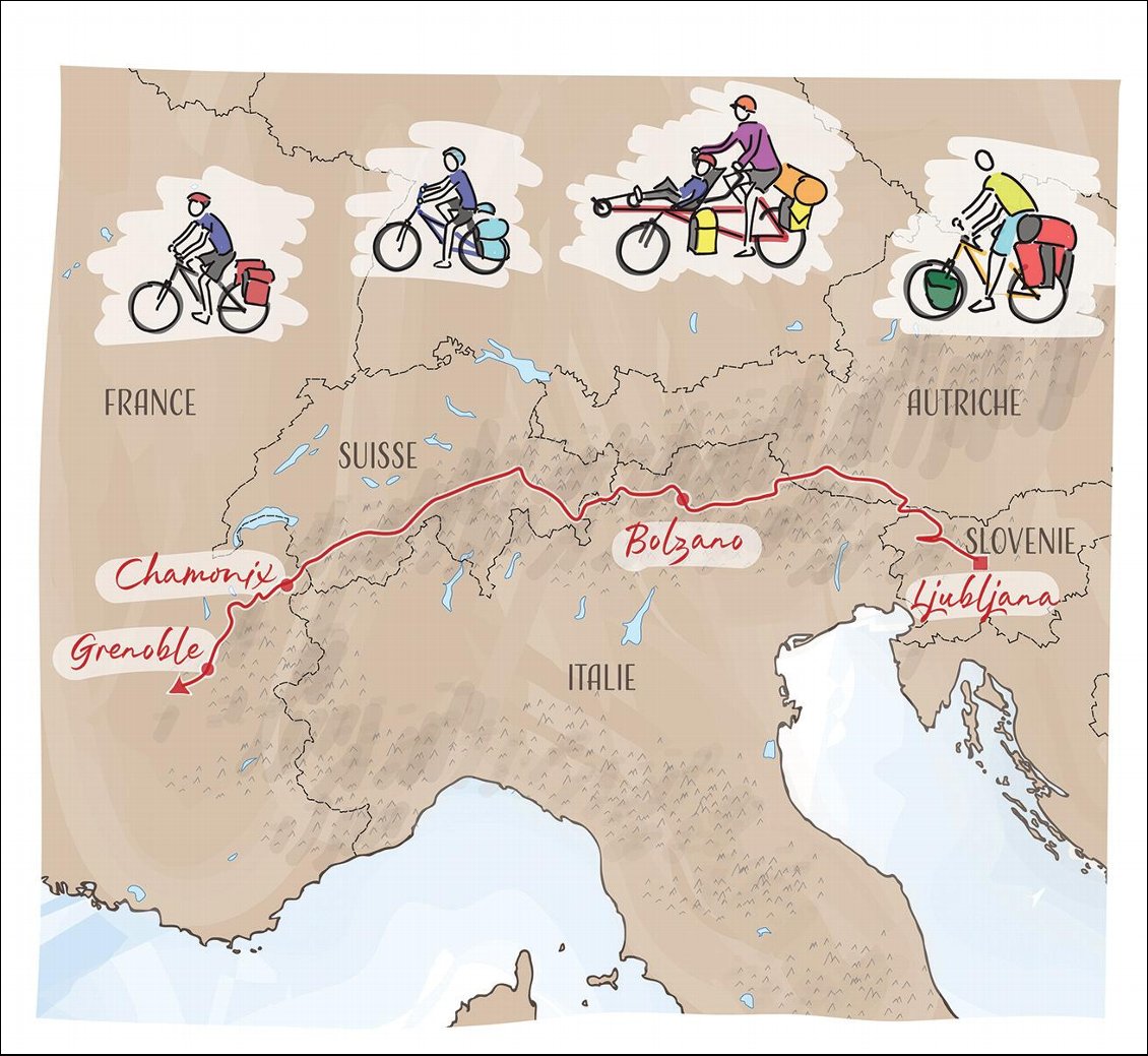 Familles en tandems le long de l'arc alpin à vélo.
Carte illustrée : Anne-Sophie Rodet