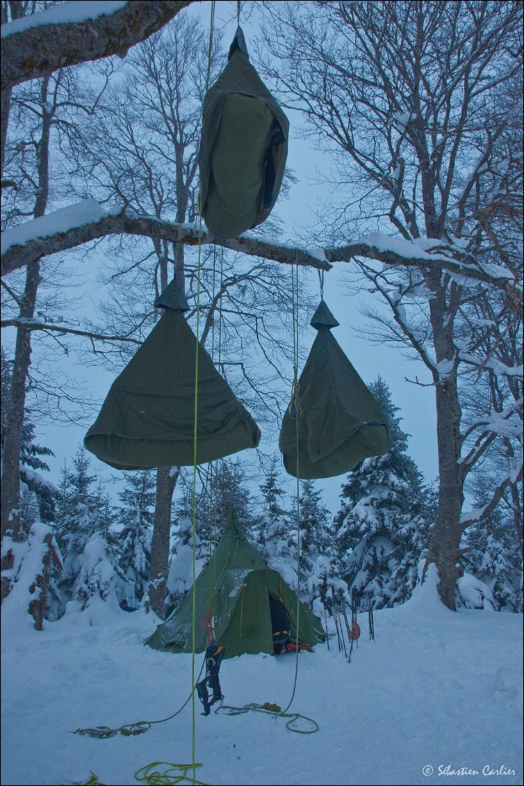 17# Sébastien CARLIER.
"Bivouac givré" dans la vallée de Campan / Hautes Pyrénées avec Itinéraires partagés. Une nuit au plus prêt de l’arbre, comme temps de repos et aussi comme rencontre magique avec ces hêtres remarquables que l’on apprend à grimper avant, pour cheminer progressivement vers sa « chrysalide » pour y passer une nuit perchée !
Le lendemain, la "métamorphose" après une telle nuit nous transforme forcément dans une relation plus propre avec l’environnement et son hôte, l’arbre !