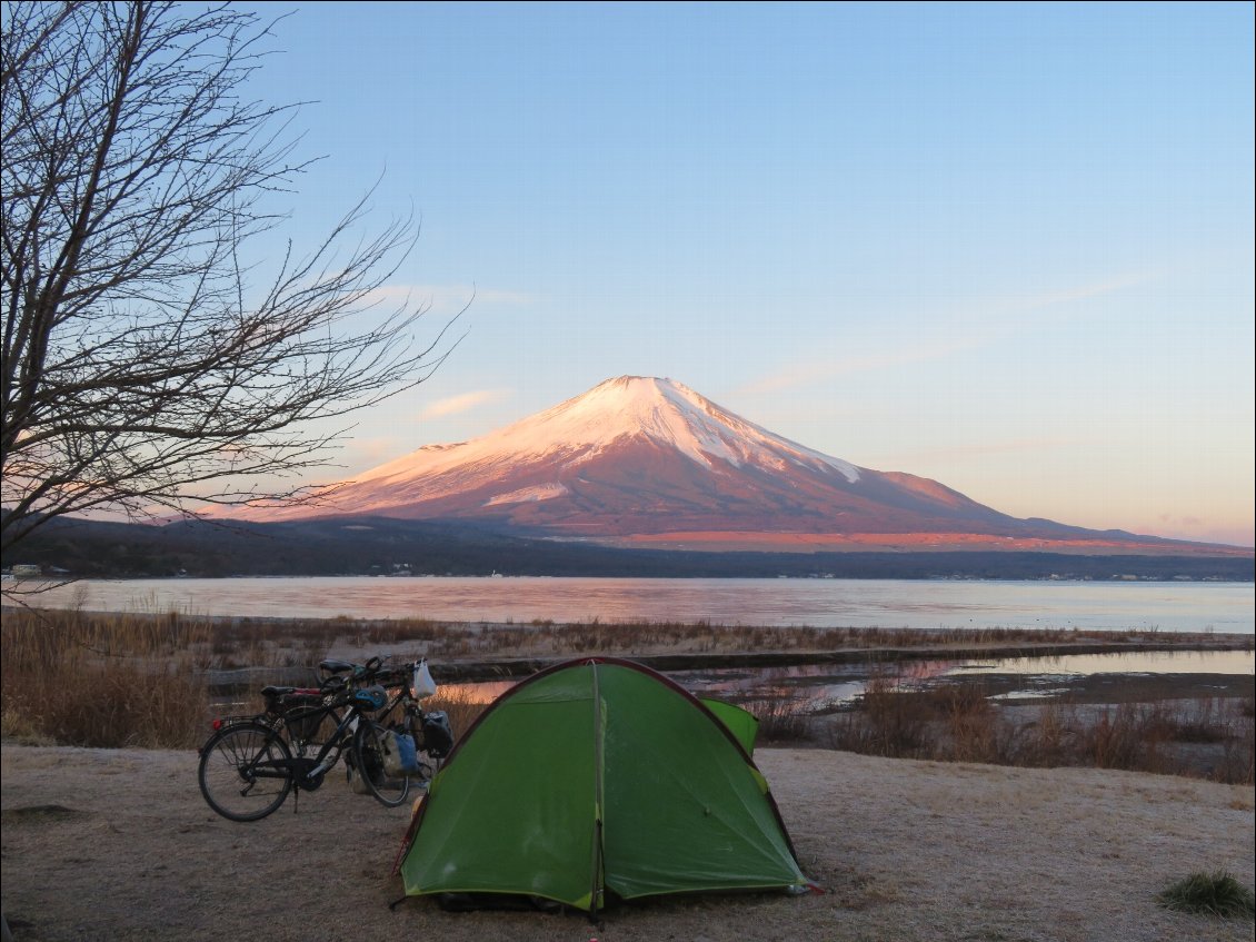 16# Cécile LE BLAN.
Ah, le mont Fuji ! On n'avait pas tellement prévu d'y aller. Trop touristique, trop vu, on préfère plutôt aller se perdre dans les Alpes japonaises plus au Nord. Hélas, la météo peut clémente et de nombreuses routes fermées par la neige nous poussent à revoir notre itinéraire : direction mont Fuji ! Et quelle claque ! On passera 4 jours à tourner autour, à se reposer, à l'admirer sous toutes les coutures apparaître furtivement pour aussitôt disparaître dans les nuages. Ce bivouac, notre avant dernier au Japon avait mal commencé. Couchés à 18h sous une pluie glaciale, on s'était résignés à ne plus revoir ce mont mystique qui avait fini par nous conquérir. C'est en se réveillant à l'aube pour entrouvrir paresseusement une tente encore recouverte de gel qu'un cri d’émerveillement achèvera de nous réveiller totalement pour aussitôt nous précipiter hors de nos duvets malgré le froid pour profiter, une tasse de thé bien chaude à la main, de ce merveilleux spectacle.