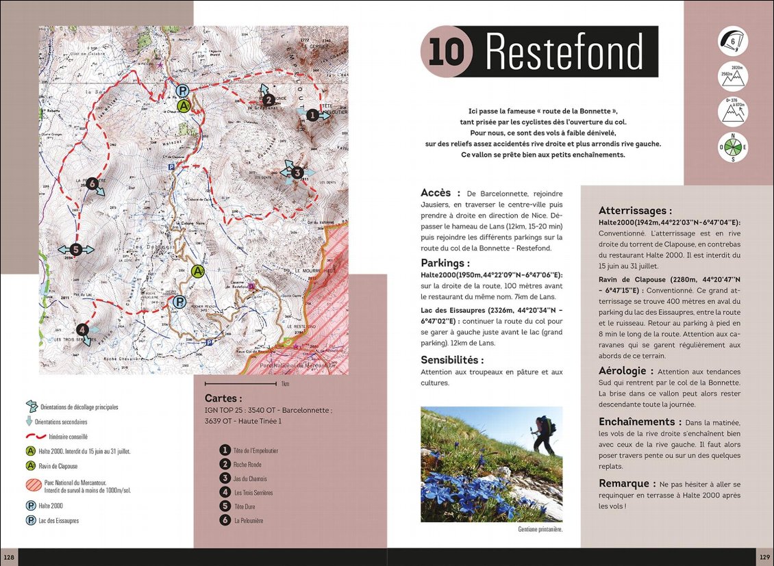 Double page d'intro du secteur Restefond dans lequel 6 itinéraires (visibles sur la carte) sont présentés, chacun sur 1 ou 2 pages.