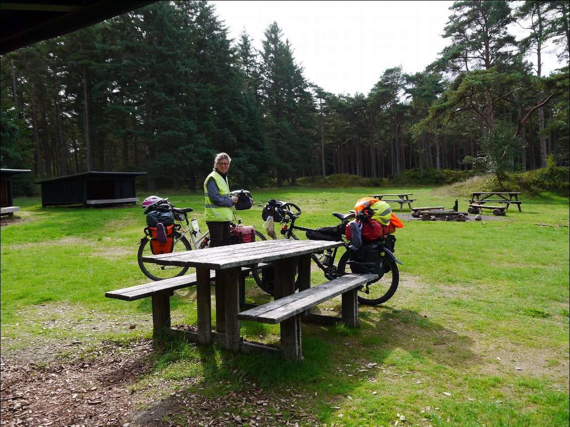 Des supers coins shelter avec toilettes sèches et eau, place à feu, bois à dispo, scies, haches et ici en plus une fendeuse manuelle (pas visible sur la photo) !