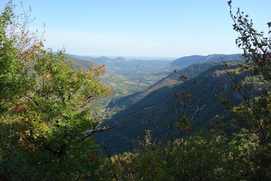 Vue sur le Cirque de Labeil en arrivant de Lerab Ling par un joli chemin forestier. 