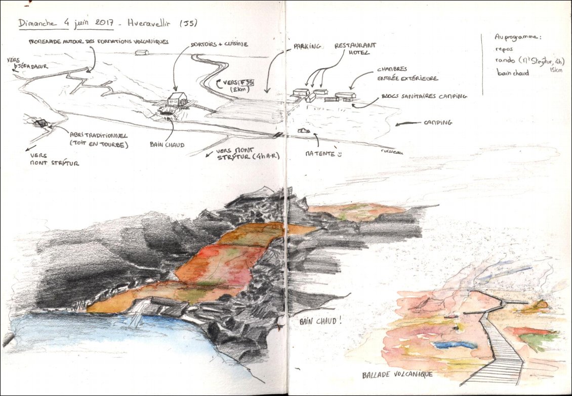 Traversée à pied des hauts plateaux d'Islande.
Dessin : Chloé Gautrais
Dessin