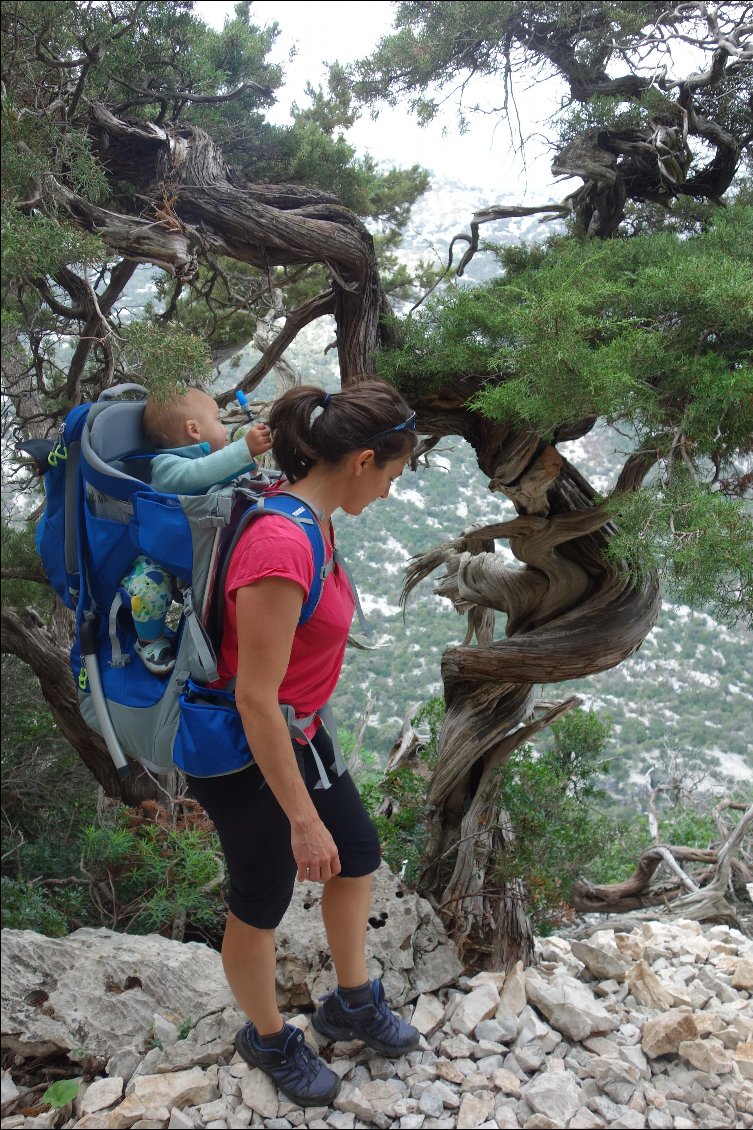 L'enfant plus petit vient poser ses pieds sur le haut de la poche principale.