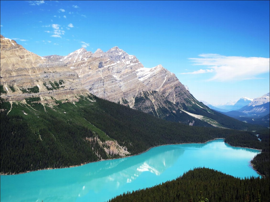 J'ai pédalé pour découvrir avec émerveillement un paysage de carte postale qui me faisait tant rêver : le lac Peyto dans le parc national de Banff (Alberta, Rocheuses canadiennes) et sa forme évoquant une tête de loup.