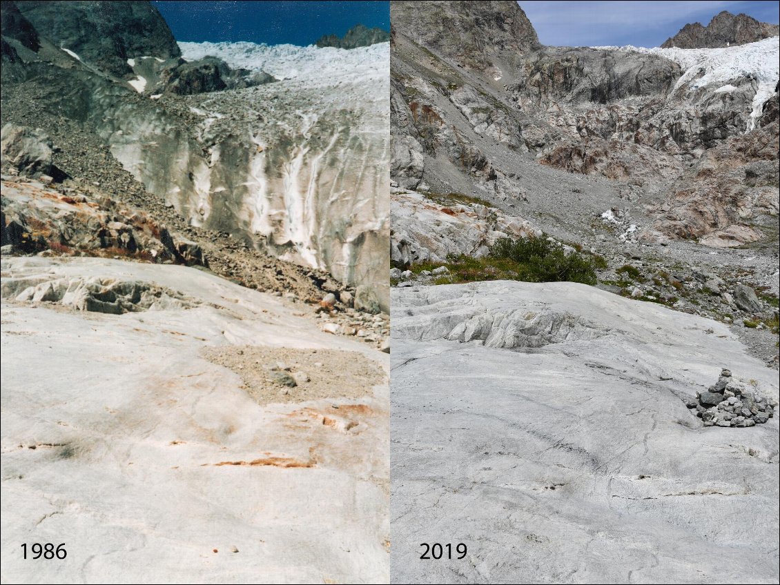 Décrypter le réchauffement climatique.
La rive gauche du glacier Blanc en 1986 et 2019.
Photo : Photo Guillaume Blanc
