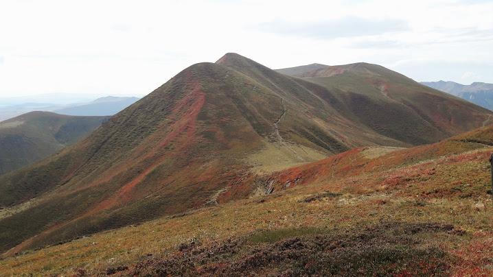 Une fois en haut, on suit la ligne de crête et on enchaîne, Puy de la Tache, Puy de Monne, Puy de Barbier, Puy de l'Angle. Les myrtillier ont pris une teinte rouge qui donne des couleurs surprenante à la montagne.