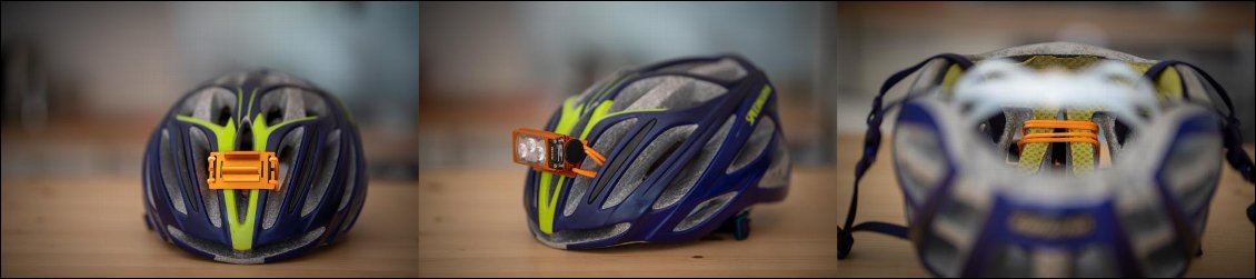 Ainsi, on peut ainsi fixer le système directement sur un casque de vélo, avec les élastiques fournis. Belle idée !