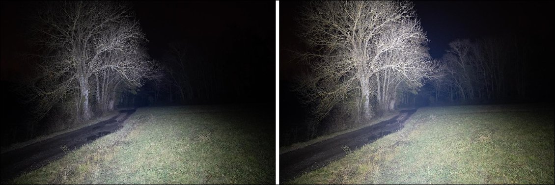 La même frontale (Kiska 2), 400 lm à gauche et 1000 lm à droite. Bien pratique d'y voir si clair en pleine nuit !