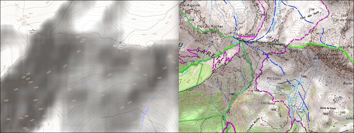 Comparer les cartes : pour l'avoir emprunté un paquet de fois, le chemin rose au sud du col de Chorges existe bien, mais la carte OpenTopoMap ne le mentionne pas.
Sources : OpenTopoMap à gauche et IGN à droite.