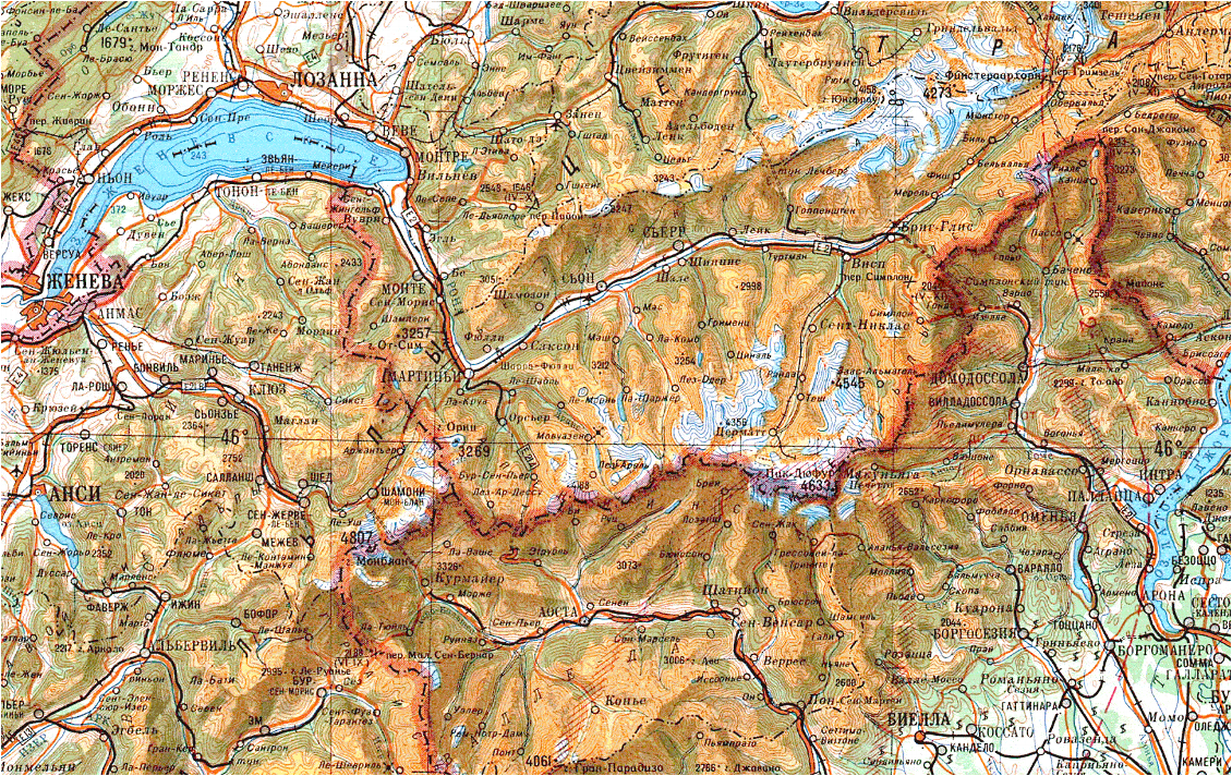 Les Alpes version soviétique :-) On y voit le Mont Blanc et le lac Léman, entre autres.