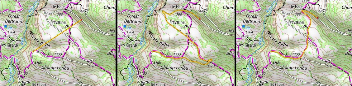 Ces 3 itinéraires ont été dessinés en seulement 2 clics sur la carte :
- à gauche : mode manuel. Il faudrait placer de nombreux points pour suivre la route ou le chemin.
- au milieu : mode de calcul "voiture", le tracé "colle" à la route.
- à droite : mode de calcul "piéton", la tracé "colle" aussi, mais en prenant des petits chemins.