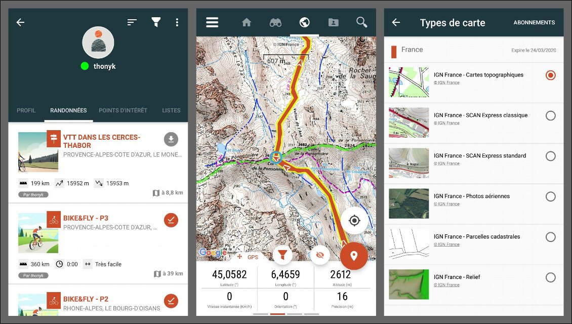 Une fois l'itinéraire synchronisé sur son téléphone, on peut télécharger les cartes de son choix et ainsi se situer sur les cartes topo même en pleine montagne, loin du réseau !