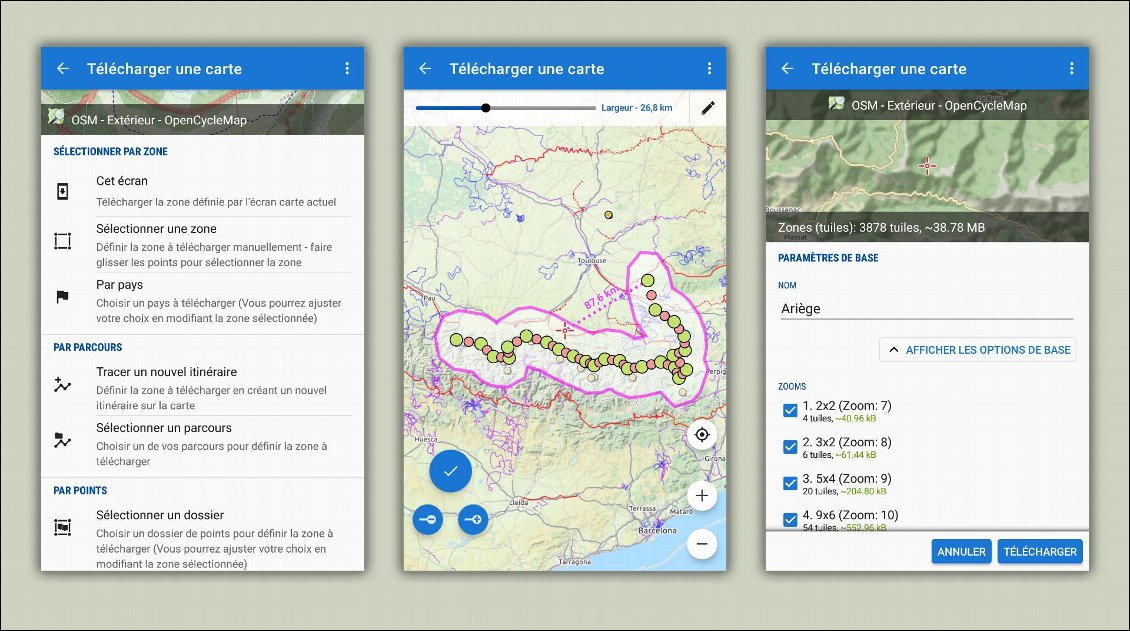 LocusMap propose un tas d'options pour télécharger la cartographie avant de partir :
- à gauche : plein de choix de téléchargement, pour couvrir la zone souhaitée
- au milieu : en ayant choisi "Sélectionner un parcours", LocusMap me montre la zone à télécharger. Je peux même élargir la zone (en haut de l'écran) pour être tranquille même en cas de détour !
- à droite : et pour économiser de la place, on peut ne stocker que certains niveaux de zooms.