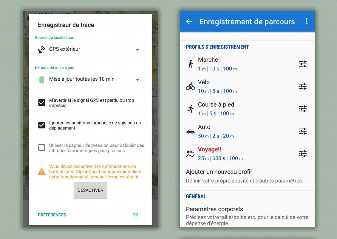 AlpineQuest (à gauche) et LocusMap (à droite) proposent des options avancées d'enregistrement GPS.