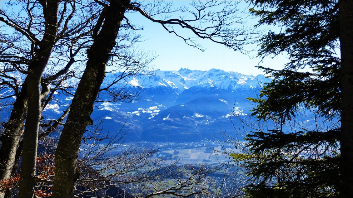 Vue plongeante sur le Grésivaudan, avec le Grand Pic de Belledonne en arrière-plan