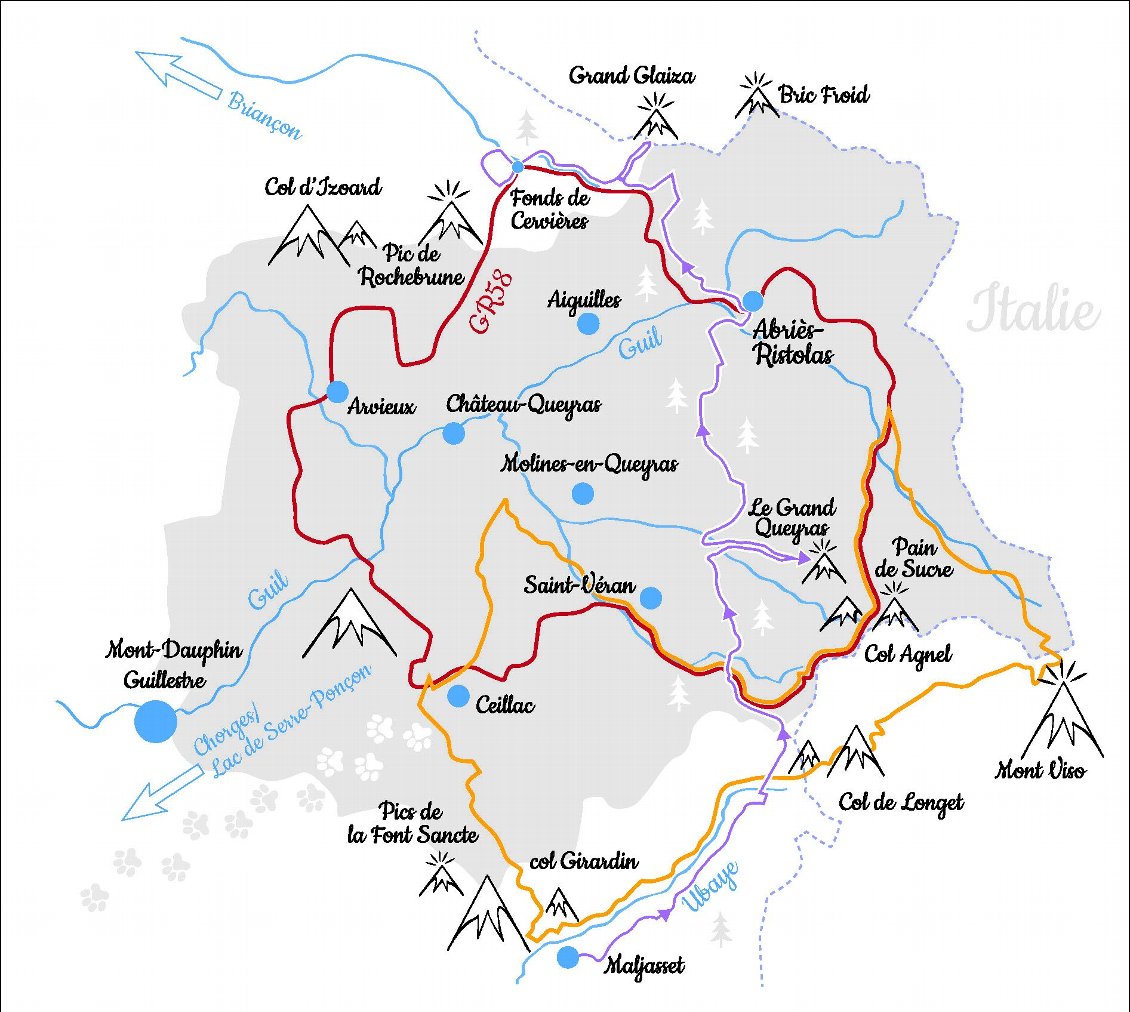 Carte Philippe Gady.
Le GR58 est représenté en rouge (les autres couleurs sont les itinéraires de voyages racontés dans Carnets d'Aventures 62)