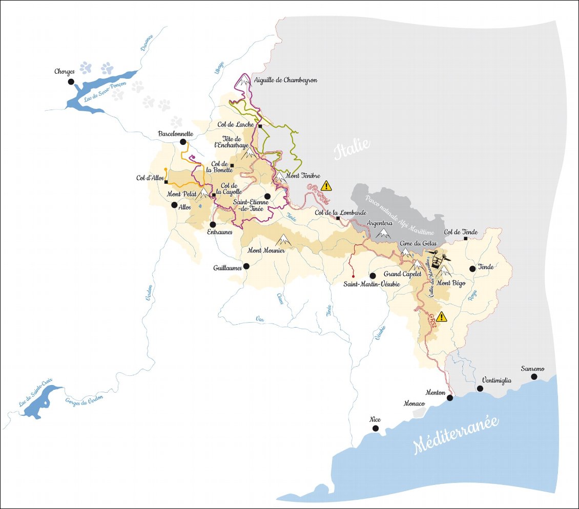 Carte Philippe Gady.
Le GR52 GTM est représenté en rouge-blanc (les autres couleurs sont les itinéraires de voyages racontés dans Carnets d'Aventures 63)