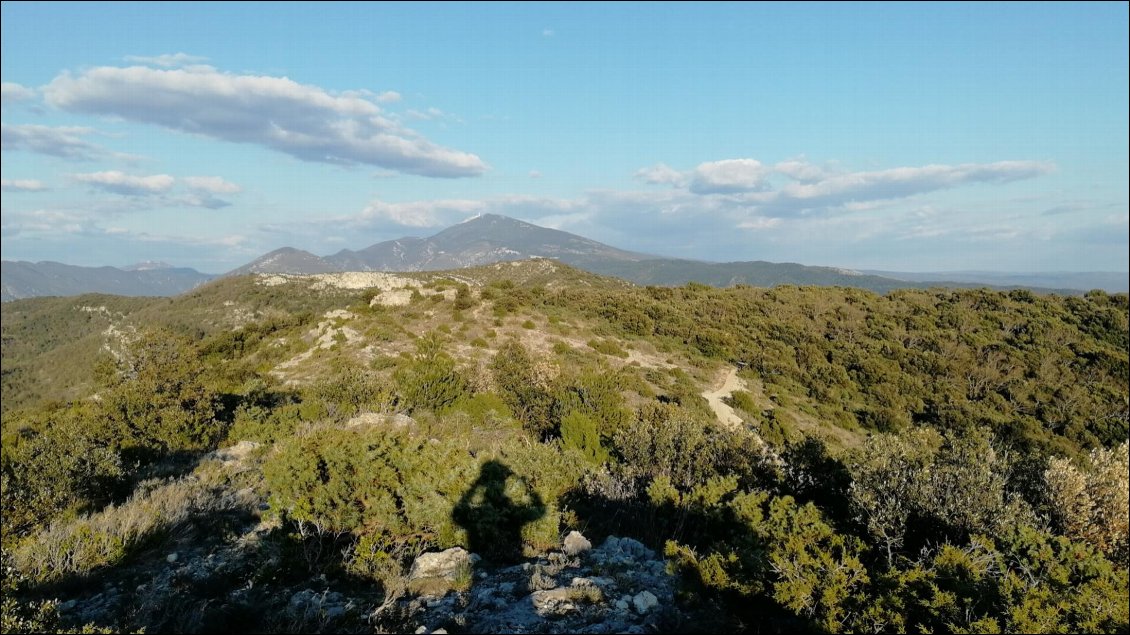 Km23 : Il est presque 20h et je profite des derniers rayons de soleil qui éclairent le Mont Ventoux. La végétation est basse, mais je trouve 2 arbres un peu plus haut que les autres pour installer le hamac.