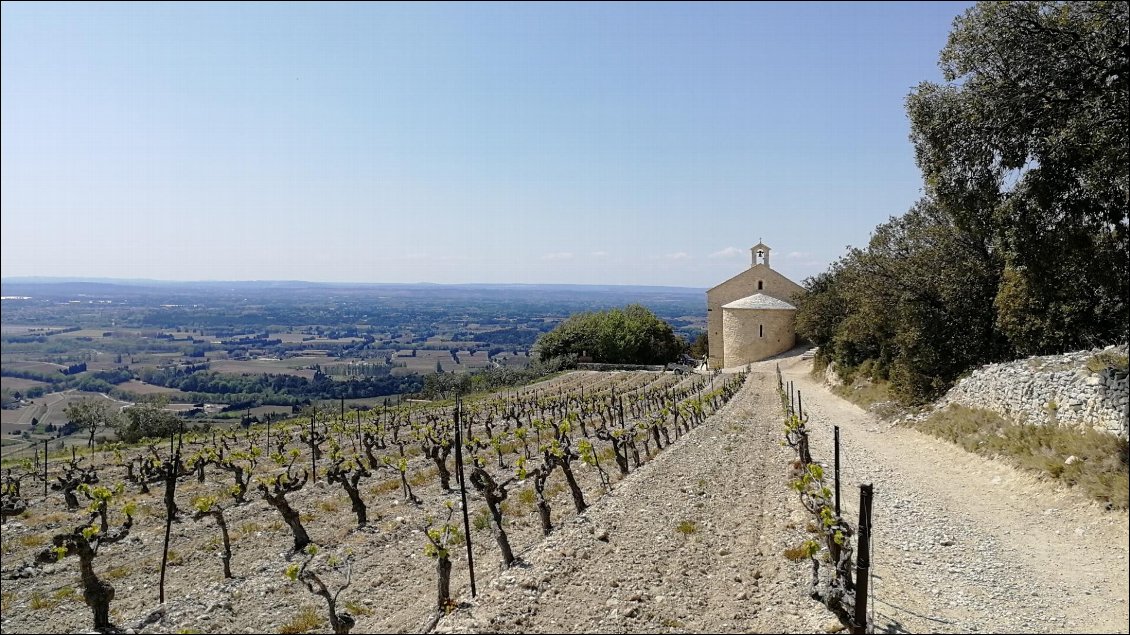 Km5 : La Chapelle Saint Hilaire, qui surplombe la colline de Beaumes de Venise et s'ouvre vers la plaine du Comtat Venaissin et la vallée du Rhône.