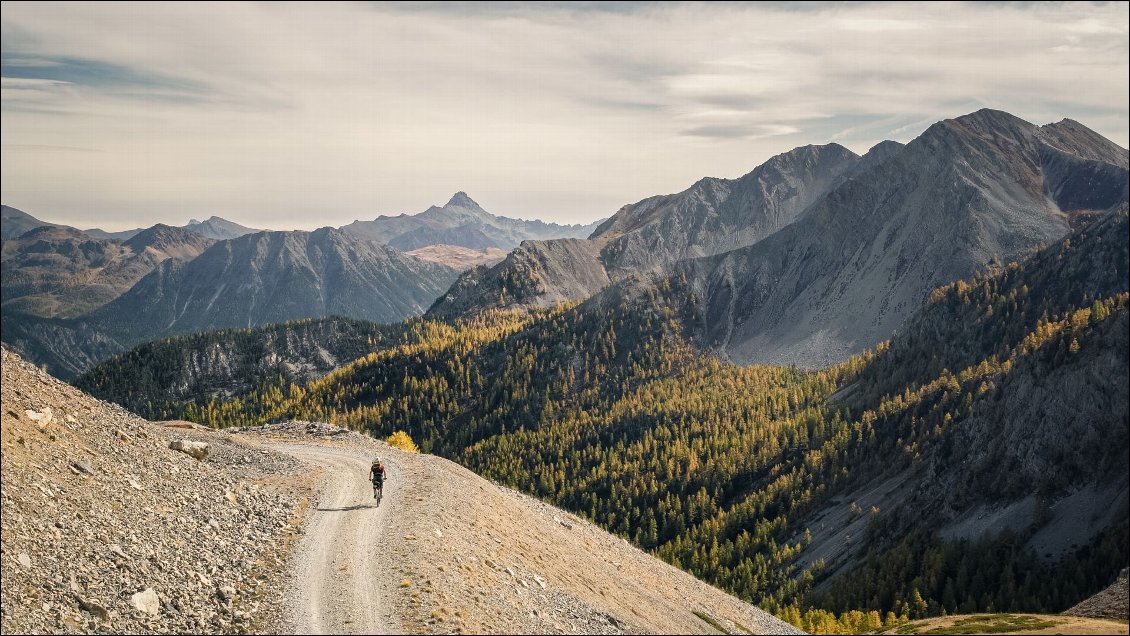 Après le col de Granon. Les forêts de mélèzes colorent le paysage.