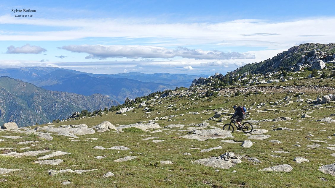 J5. Nous poursuivons le long d'une longue croupe qui file vers le sud, entre Haut-Vallespir et Haut-Conflent, à travers un vaste paysage de pelouses parsemées de blocs.