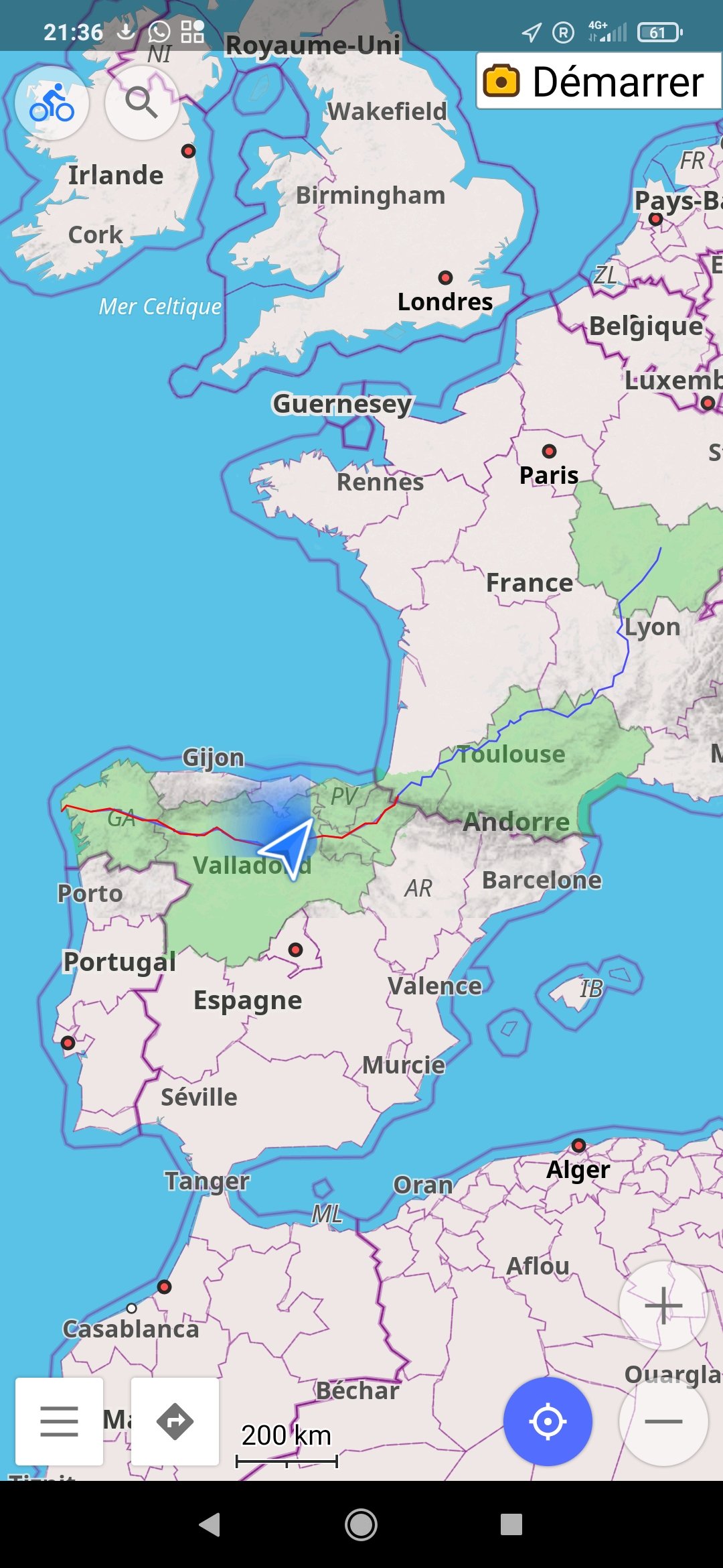 J6. Mon positionnement à Burgos. En bleu l'itinérance du mois de mai (Dijon - Puy-en-Velay puis voie du Puy). En rouge l'itinérance en cours (Camino Francés).