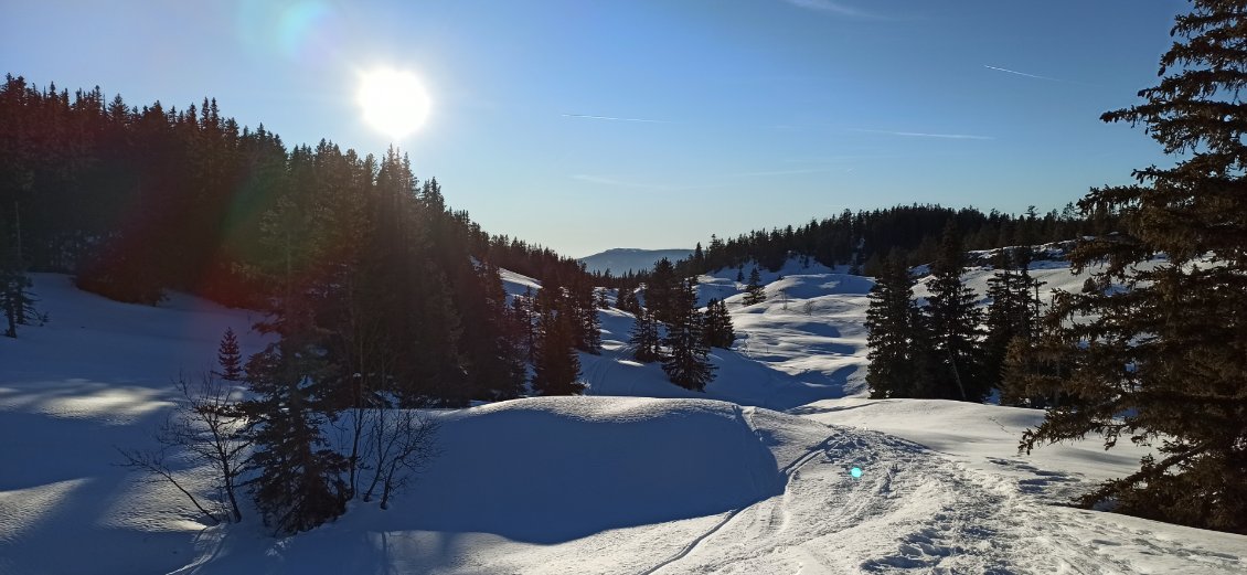 J3. Même si je n'aime guère les bivouacs hivernaux en fond de combes car elles renferment le froid et sont souvent tardivement ensoleillées le matin, je vais dormir là. Il commence à se faire tard pour chercher un autre emplacement.