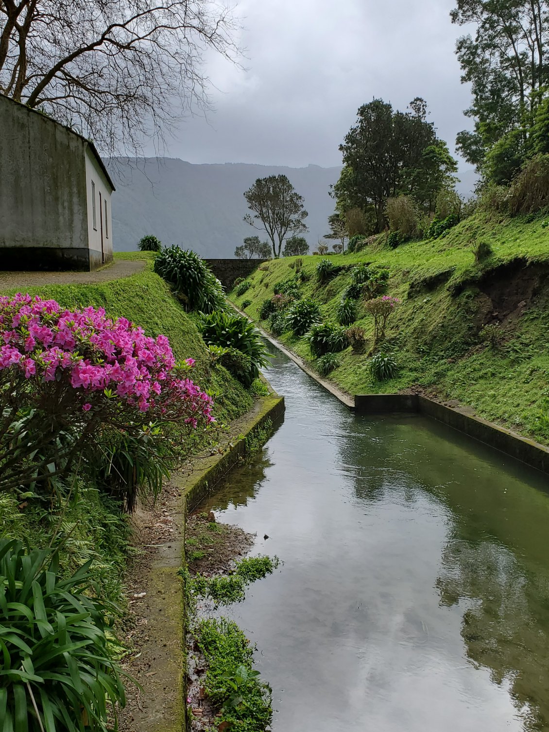 La levada du lac Azul est inaccessible...Le caniveau déborde à cause des fortes pluies de la nuit....on a été mouillé sous la tente.