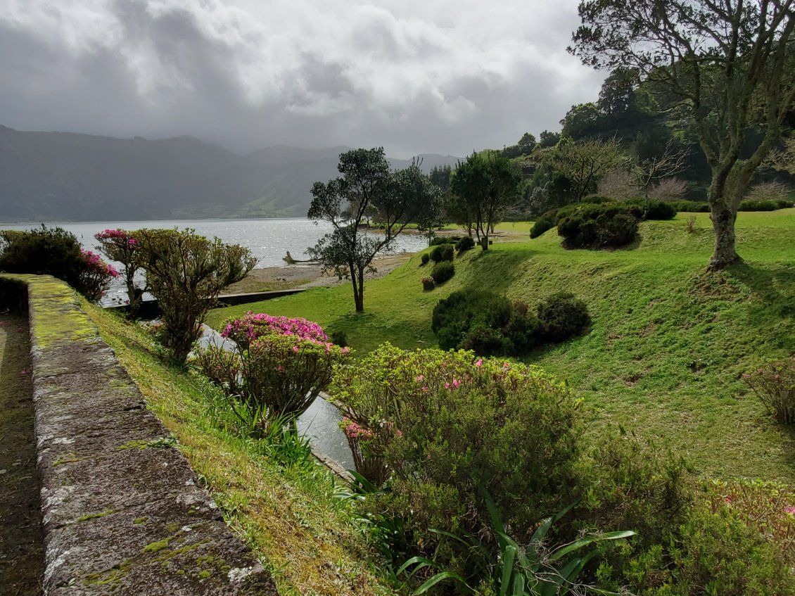 Le lac Azul de Sete Cidades. En 15 jours les fleurs des azalés ont explosées. l'herbe est toujours verte.