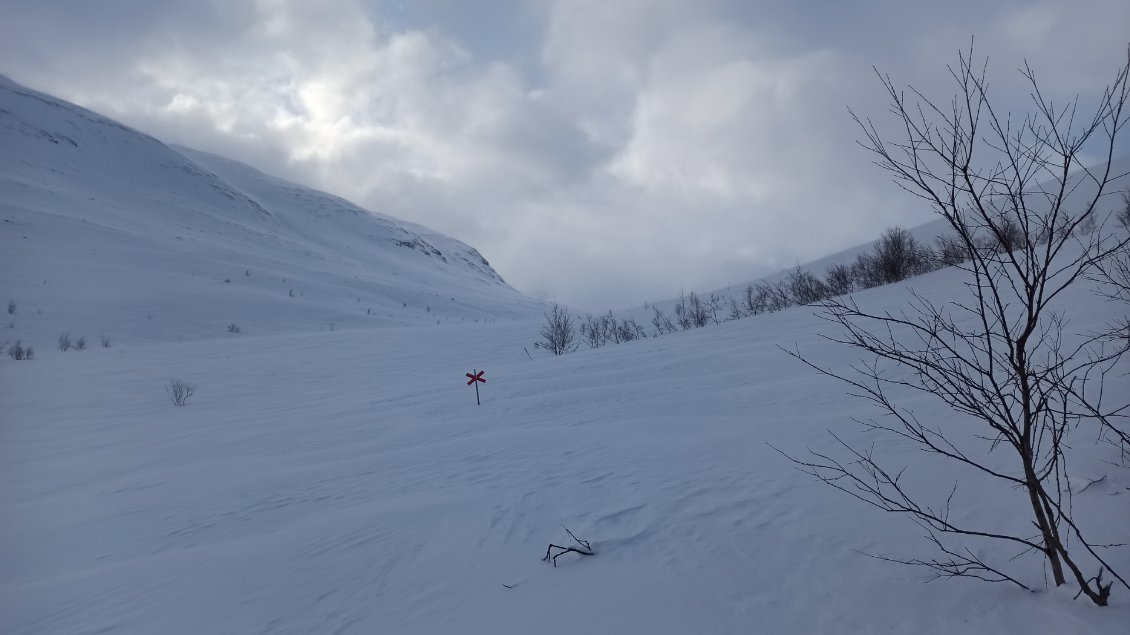 J3. Les croix rouges sont le balisage de la Kungsleden.