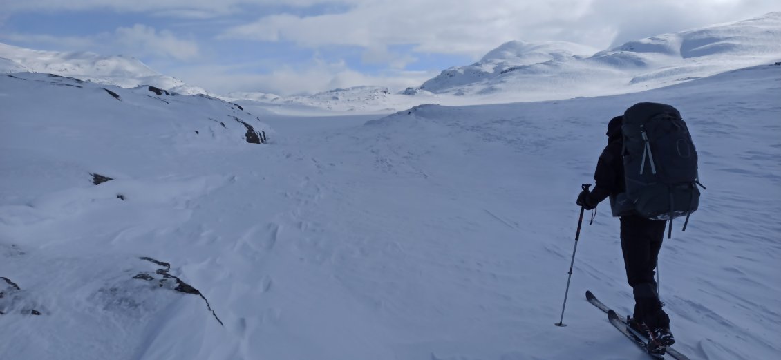 J12. C'est tout droit. Plus que 25km et j'y suis. J'en ai une trentaine à parcourir aujourd'hui, mais sans les peaux collées aux semelles de mes skis, ni la lourde pulka à tracter ça facilitent grandement la tâche.