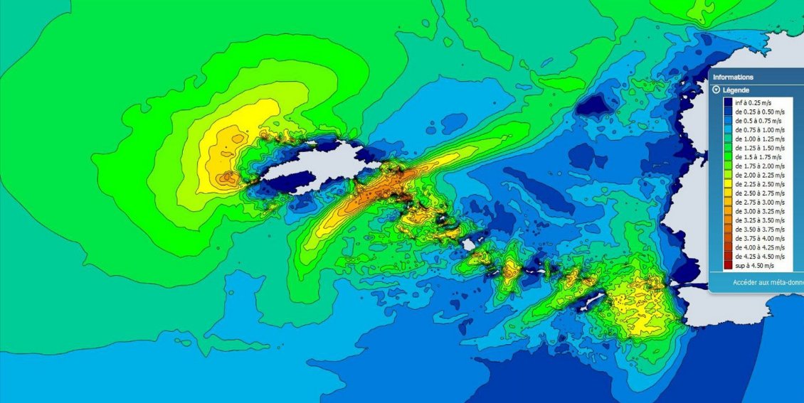 Courantologie en Mer d’Iroise 3h après la PM de Brest, coef. 95 (source : datashom.com)