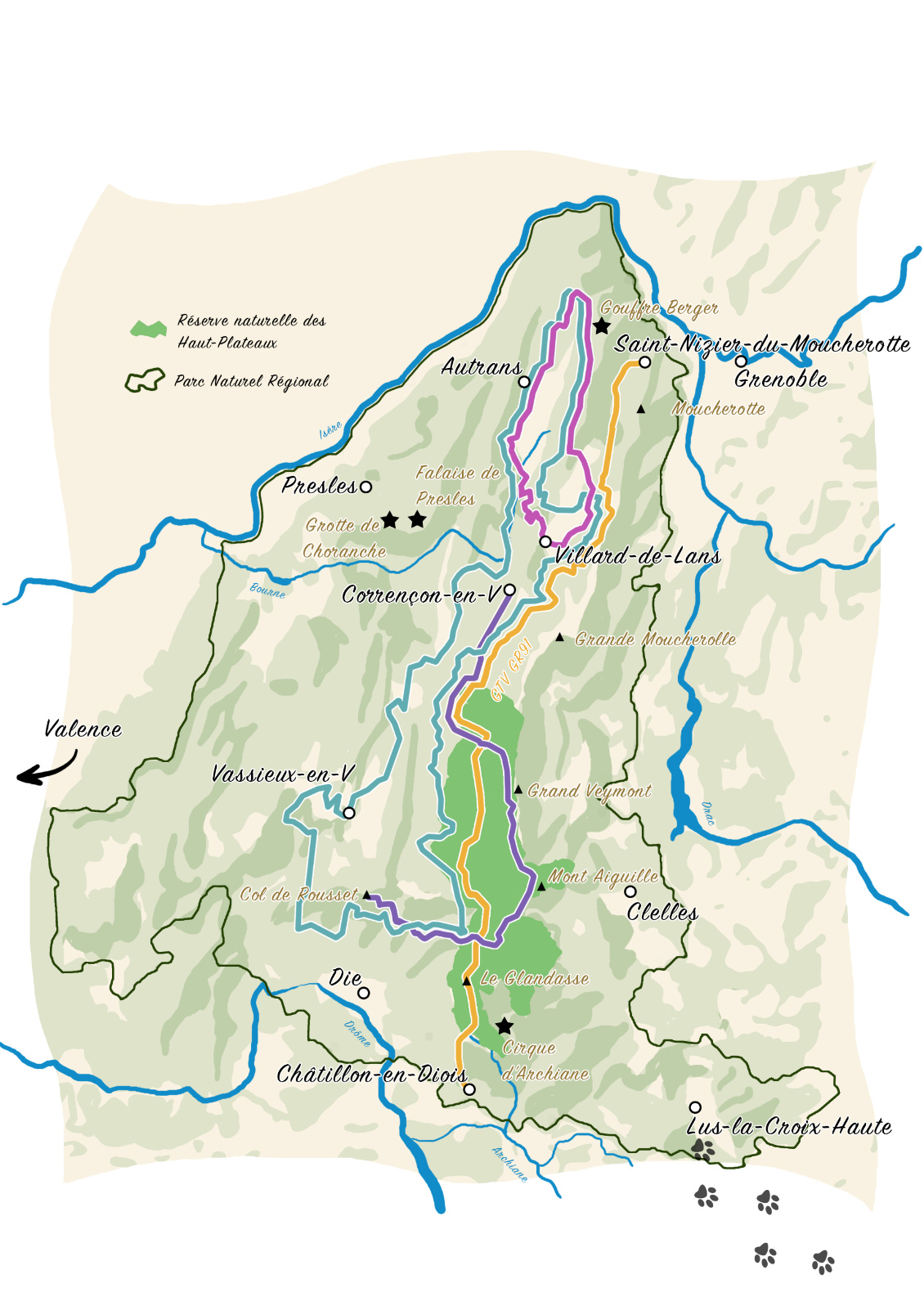 Carte : Thibault Pluvinage
Les itinéraires en couleur correspondent au récits publiés dans CA70.
Bleu = Grand Tour à VTT / Violet = traversée des Hauts-Plateaux à ski-pulka / Rose = Rando en famille avec des ânes