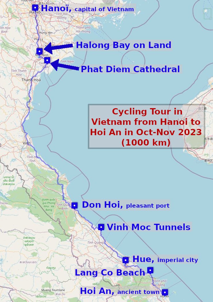 La carte du voyage prévu. Je suis maintenant à Don Hoi.