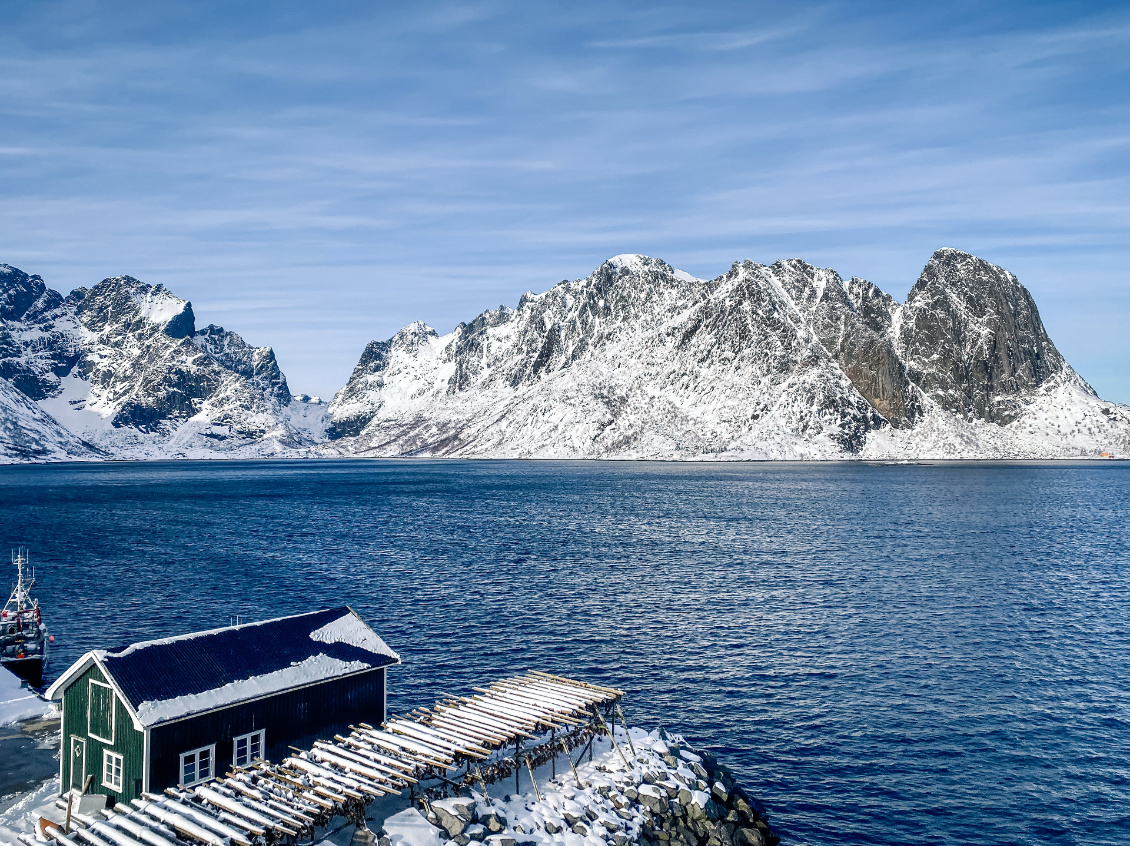 Séchoir à poisson. Appelé hjell en Norvège, notamment dans les Lofoten (ici dans le petit port de Reine).
Photo : Clément Aubert